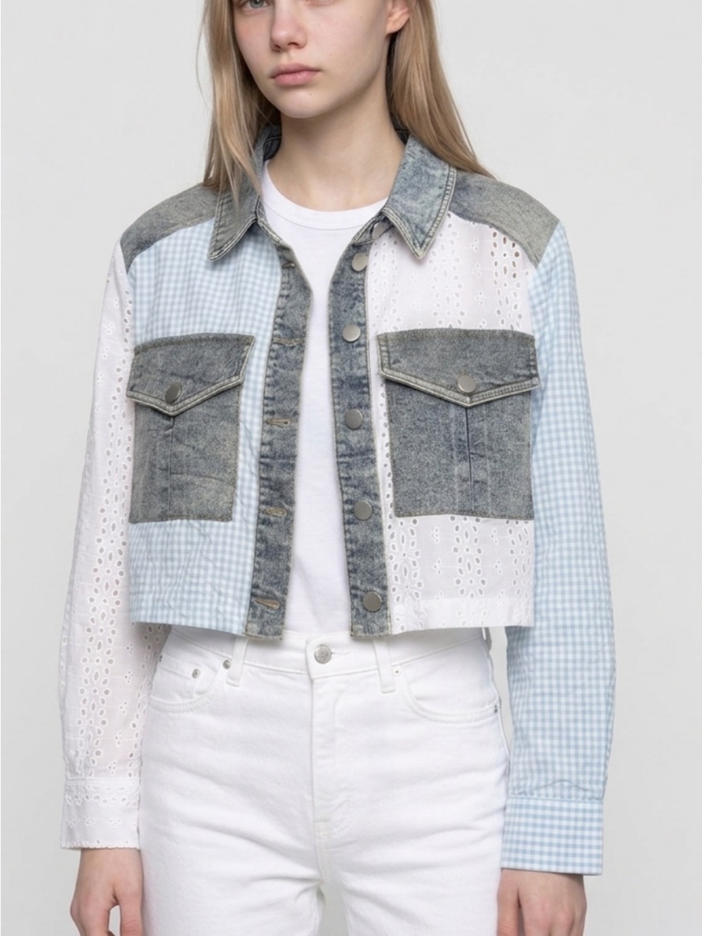 Jolie & Joy Mixed Material Shacket, Gingham, Denim And White eyelet Cropped